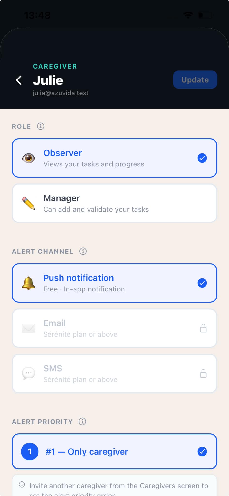 Alert channel settings for a caregiver