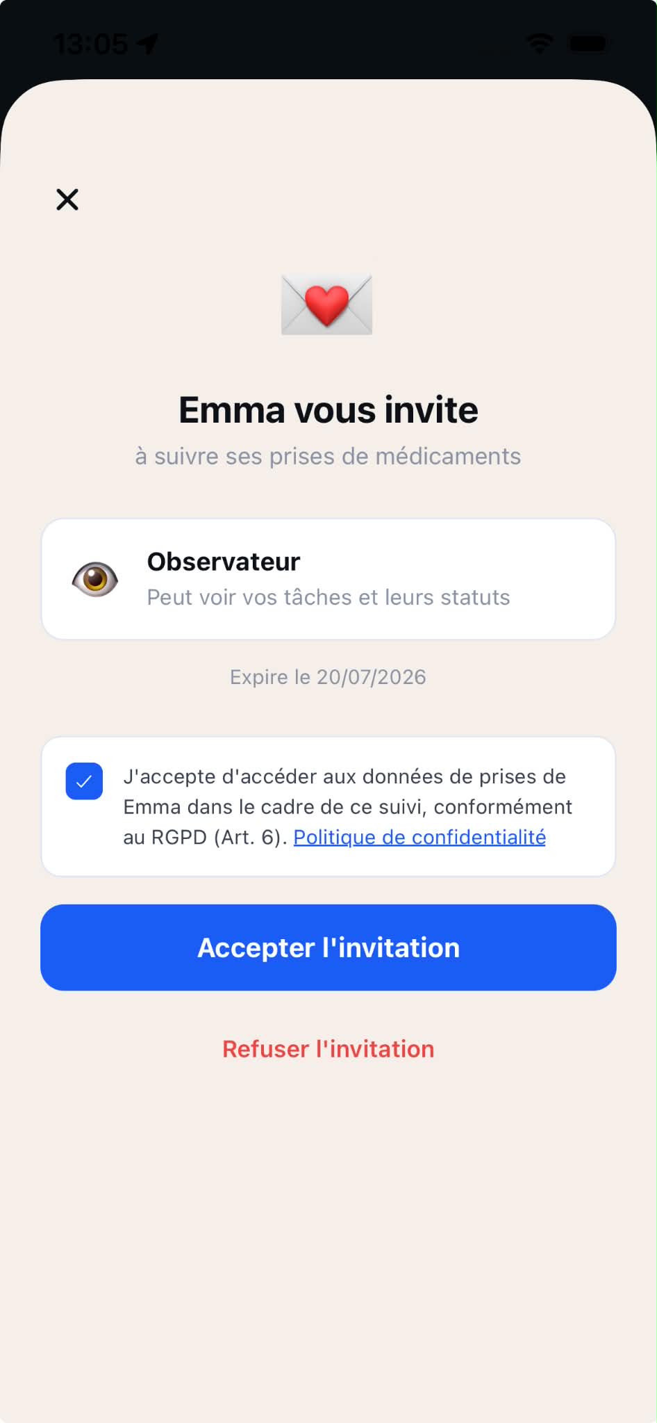 Invitation d'un proche, conforme RGPD